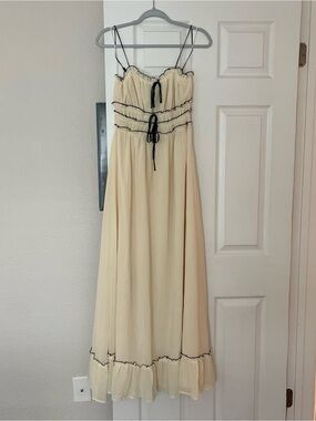 Women's Cream Maxi Dress with Black Trim - Elegant Tie-Front Maxi